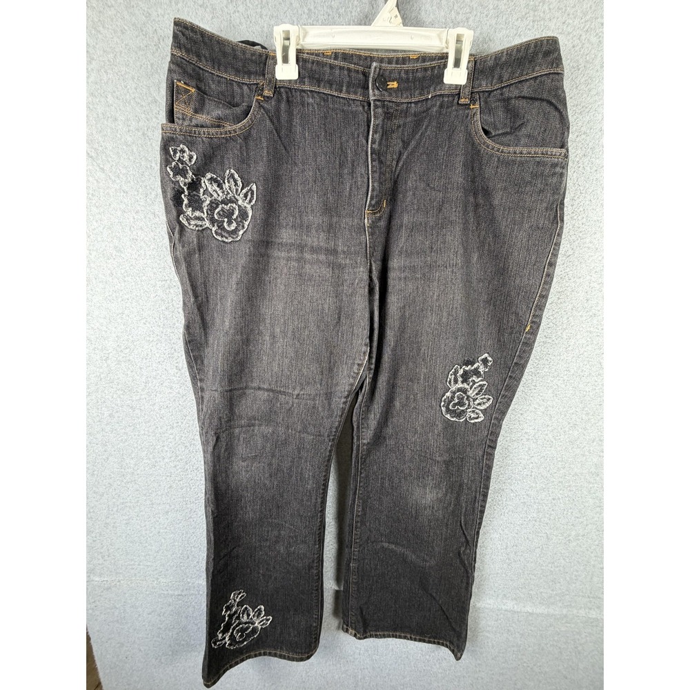 Jones New York Sport Jeans Womens 16W Gray High Rise Floral Embroidered Denim